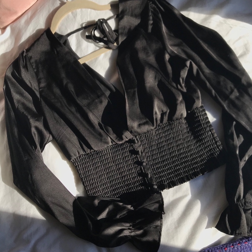 Super Cute- Silky Deep V-Neck Rouched Blouse